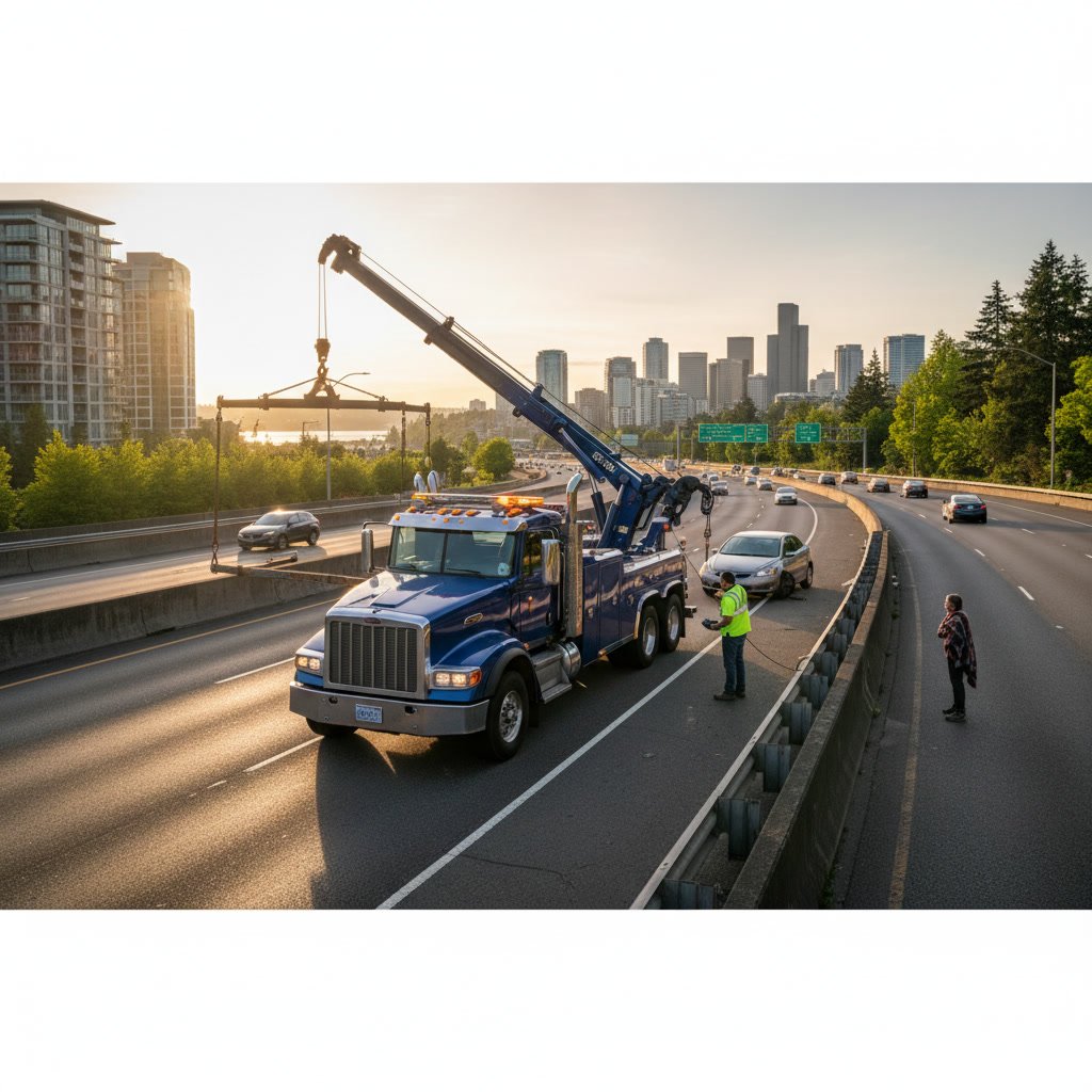 Professional tow truck securing a vehicle with safety straps and chains