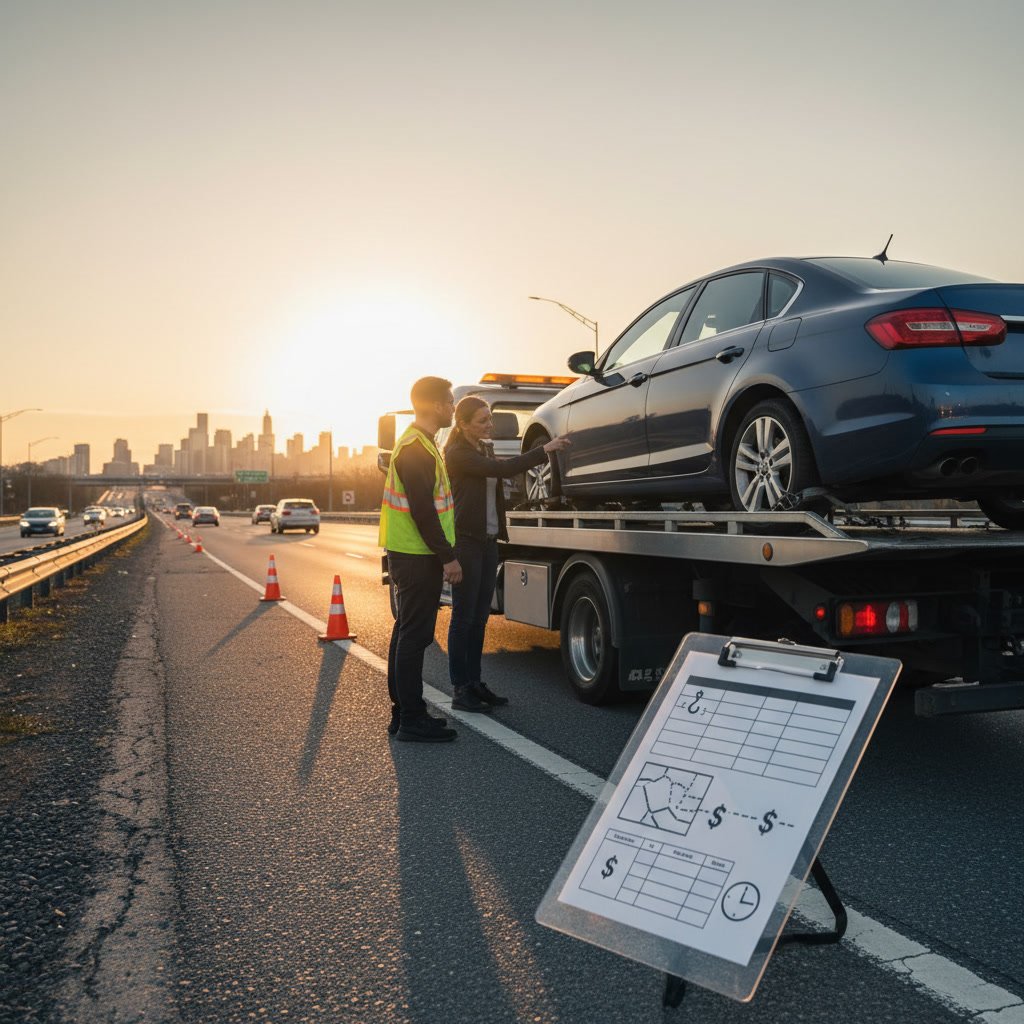 Tow truck safely transporting a vehicle to repair shop
