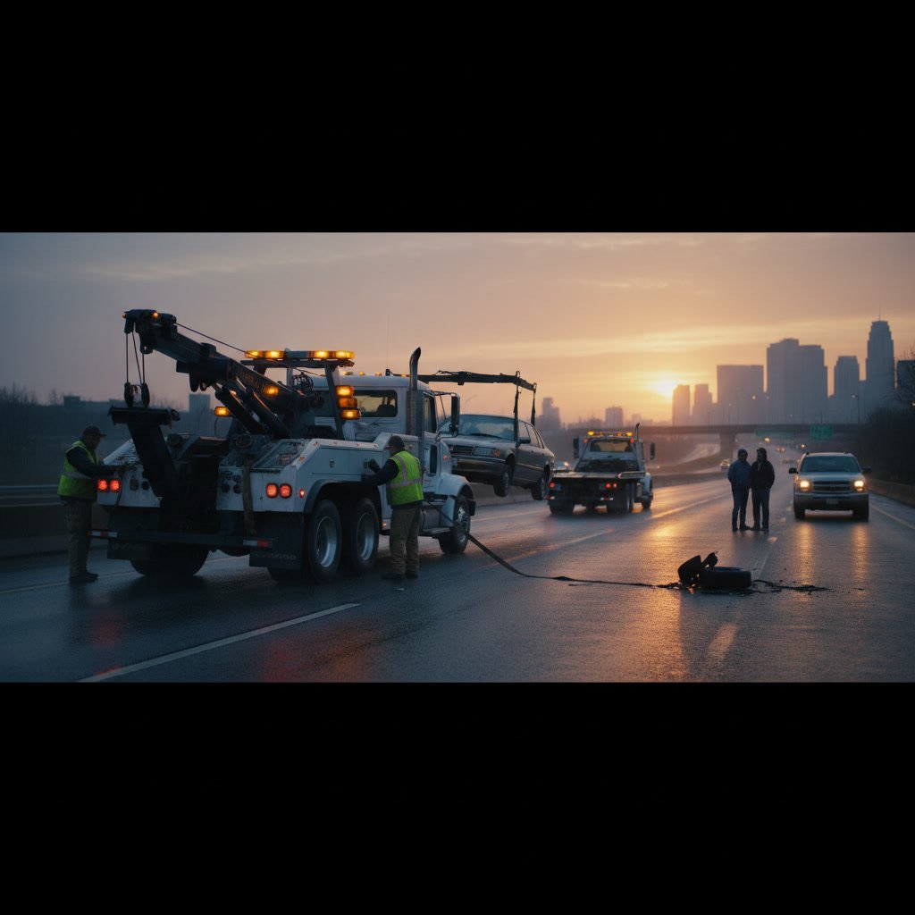 Tow truck operator assisting a stranded motorist with professional vehicle recovery